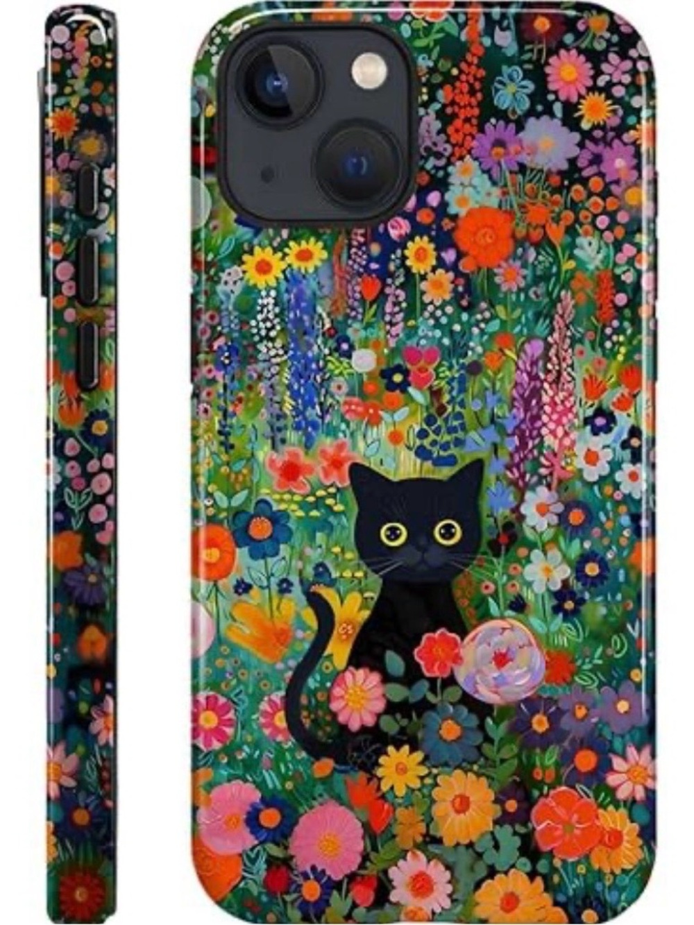 NONMY iPhone 14 Black Cat in Flowers Protective Phone Case Hard Shell Silicone